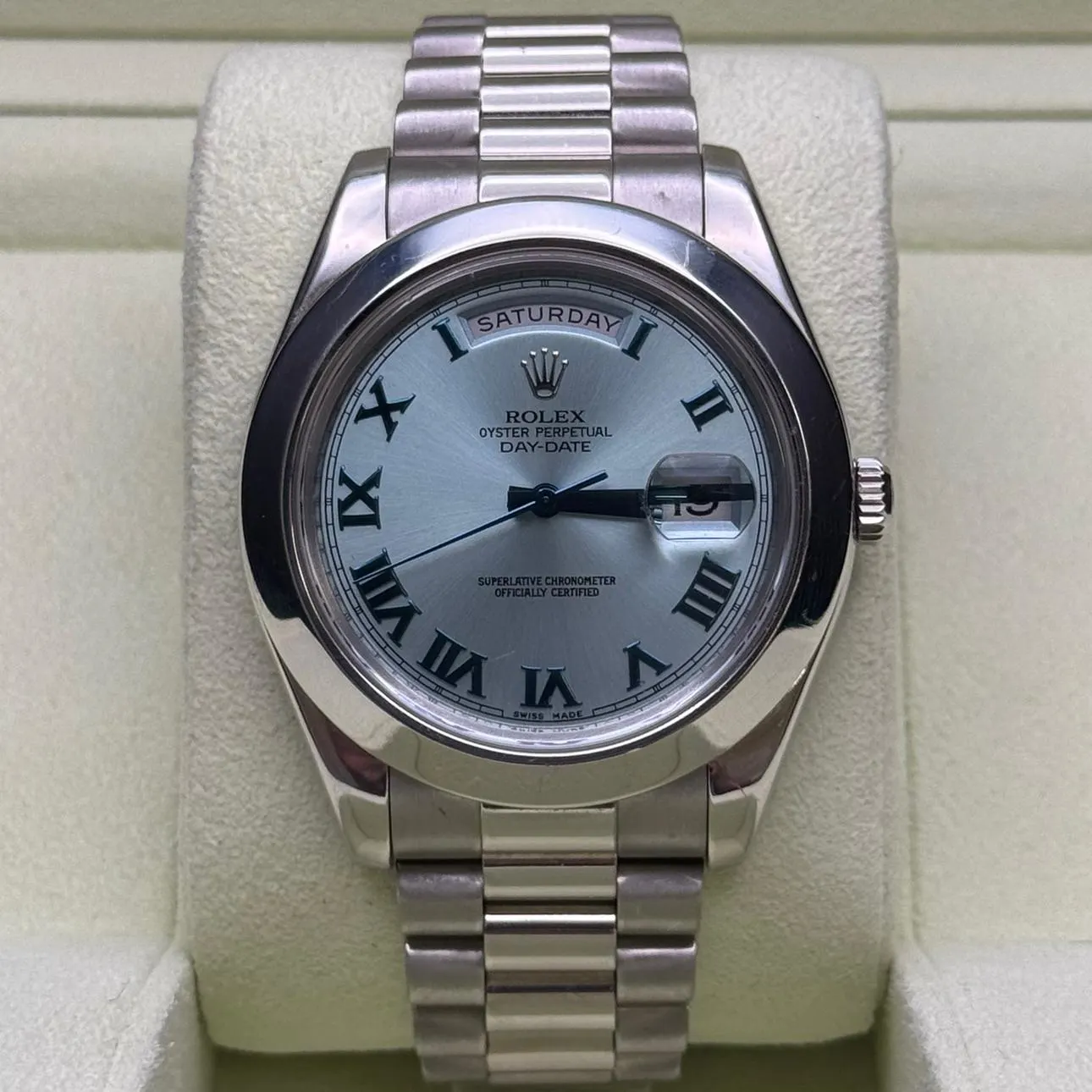 2011 Rolex Day-Date II Platinum / Ice-Blue / Roman 218206-0043