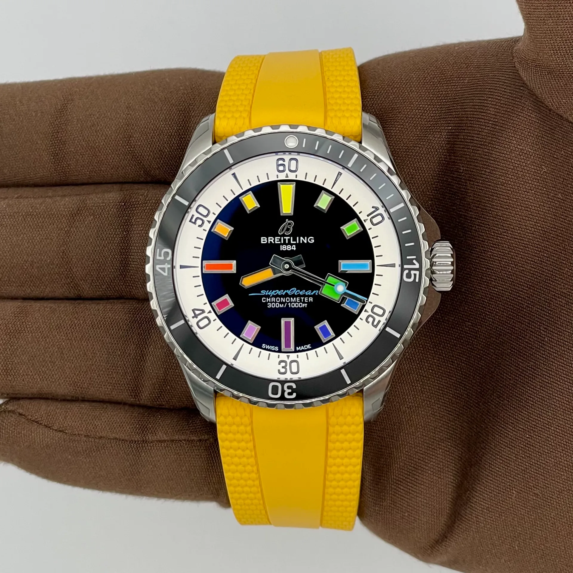 2025 Breitling SuperOcean Automatic 42 Steel / Ceramic / Black / Rainbow /Strap A17375211B2S4