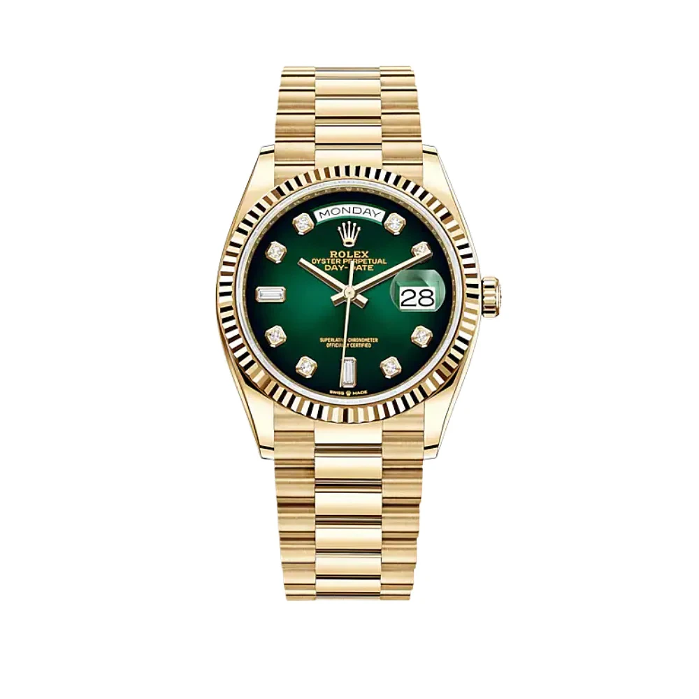 2021 Rolex Day-Date 36 Yellow Gold / Fluted / Green Ombre / Diamond-Set 128238-0069 Listing Image 1
