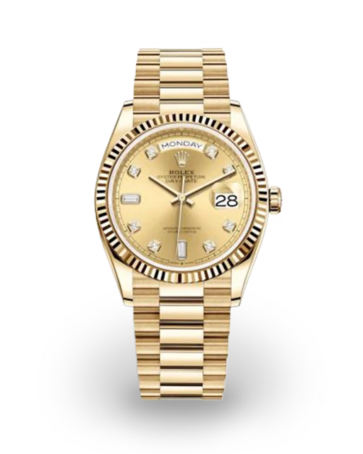 Rolex Day-Date 36 Yellow Gold Fluted / Champagne / Baguette-Diamond 128238-0008  Model Image