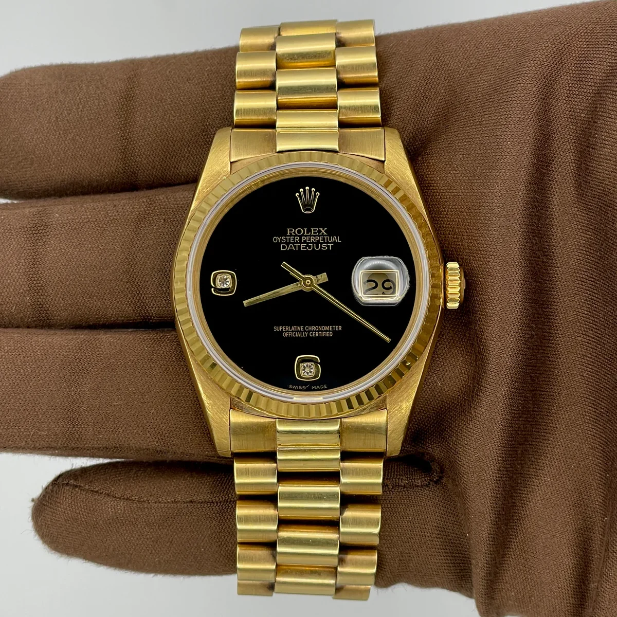 1989 Rolex Datejust 36 Yellow Gold / Fluted / Black Onyx / Diamond-Set Arabic / President 16238