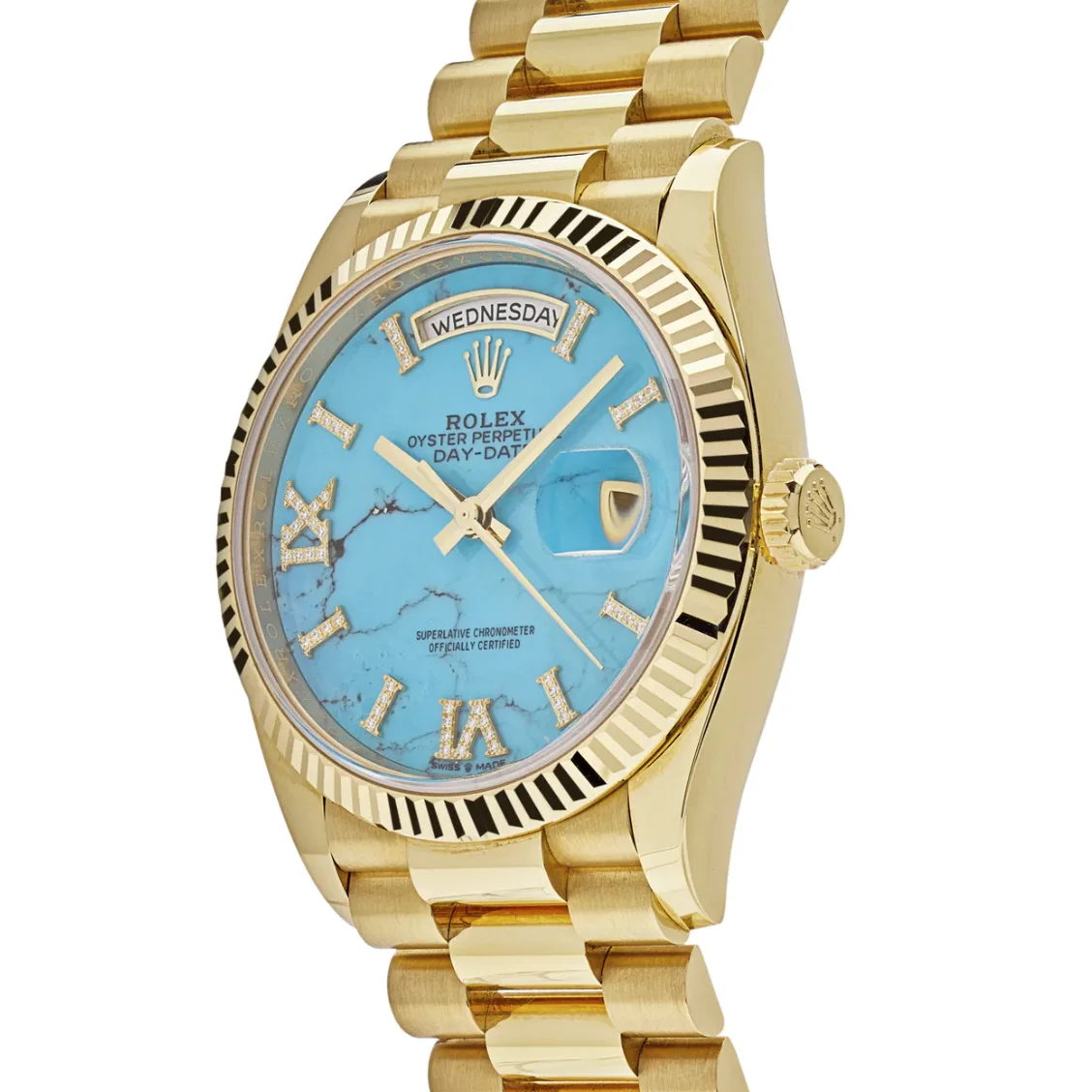 2021 Rolex Day-Date 36 Yellow Gold / Fluted / Turquoise / Diamond-Set Roman 128238-0071 Listing Image 2