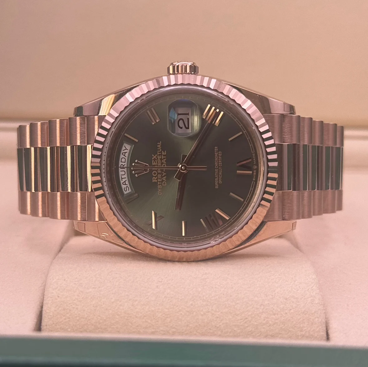 2025 Rolex Day-Date 36 Rose Gold / Fluted / Green / Roman / President 128235-0089
