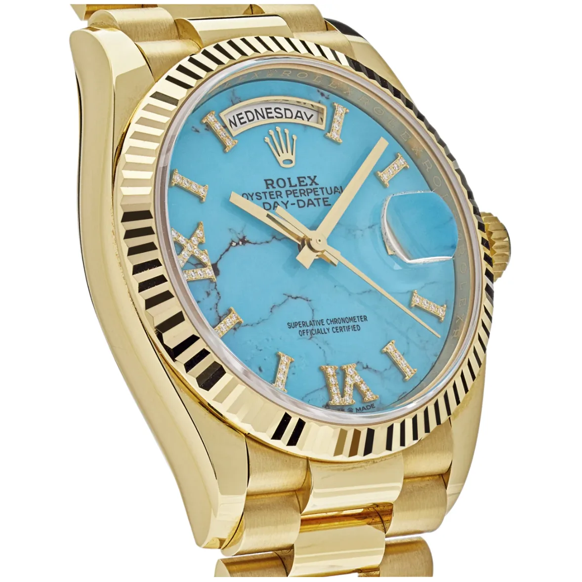 2021 Rolex Day-Date 36 Yellow Gold / Fluted / Turquoise / Diamond-Set Roman 128238-0071 Listing Image 3