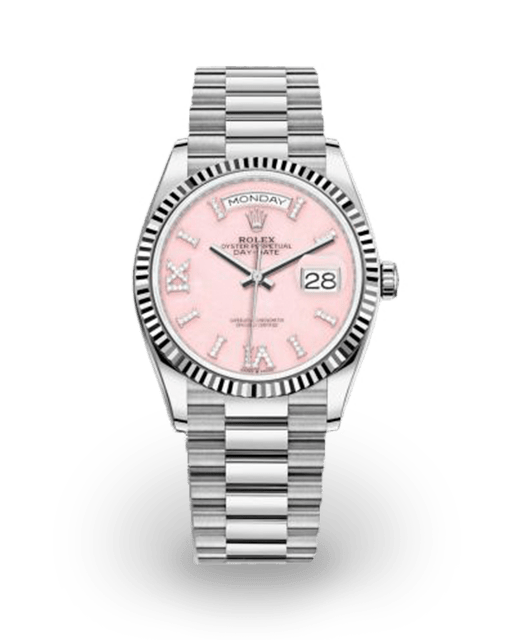 Rolex Day-Date 36 White Gold / Fluted / Pink Opal / Diamond-Set