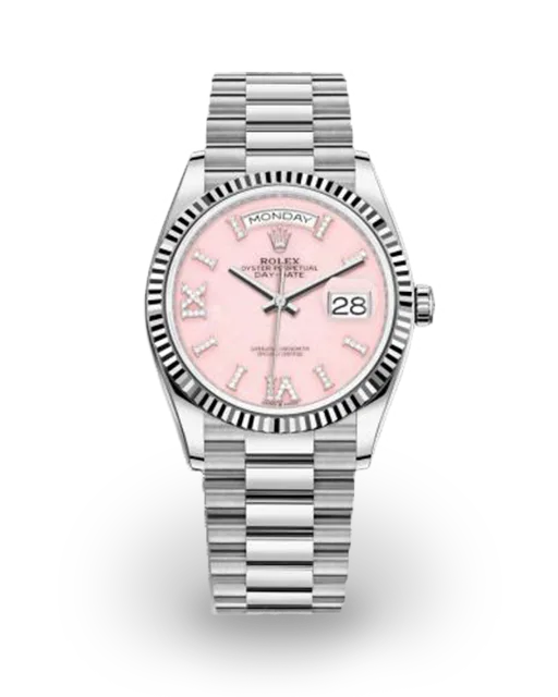 Rolex Day-Date 36 White Gold / Fluted / Pink Opal / Diamond-Set Roman 128239-0021  Model Image