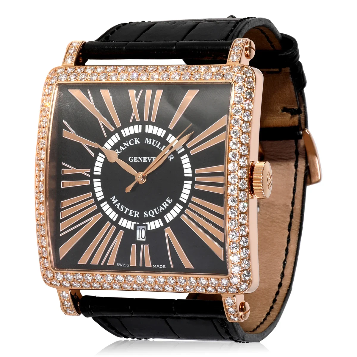 Franck Muller Master Square Rose Gold / Diamond-Set / Black / Roman / Strap 6000 K SC DT D