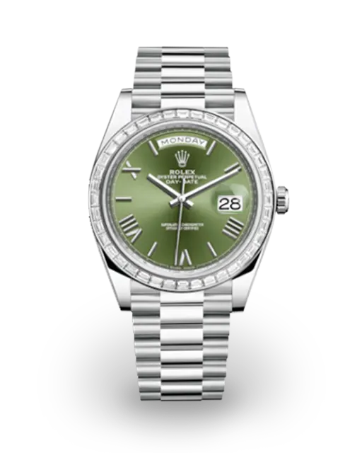 Rolex Day-Date 40 Platinum / Baguette Diamond-Set / Green / Roman 228396TBR-0020  Model Image