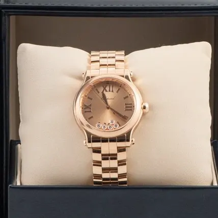 2025 Chopard Happy Sport 33 Rose Gold / Golden with 5 Floating Diamonds / Roman / Bracelet 275678-5008