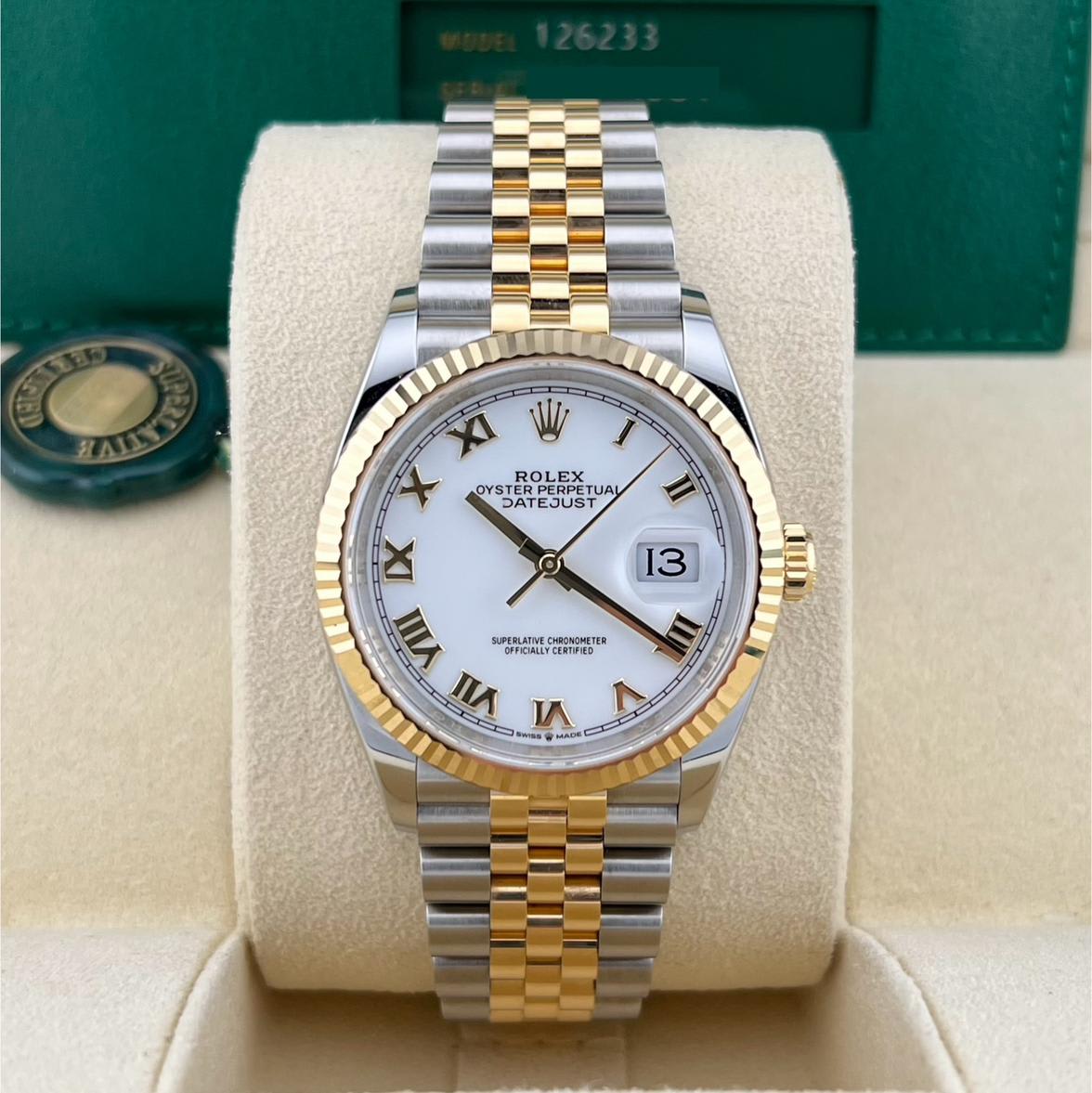 Rolex Datejust 36 White Roman Dial Two Tone Yellow Gold