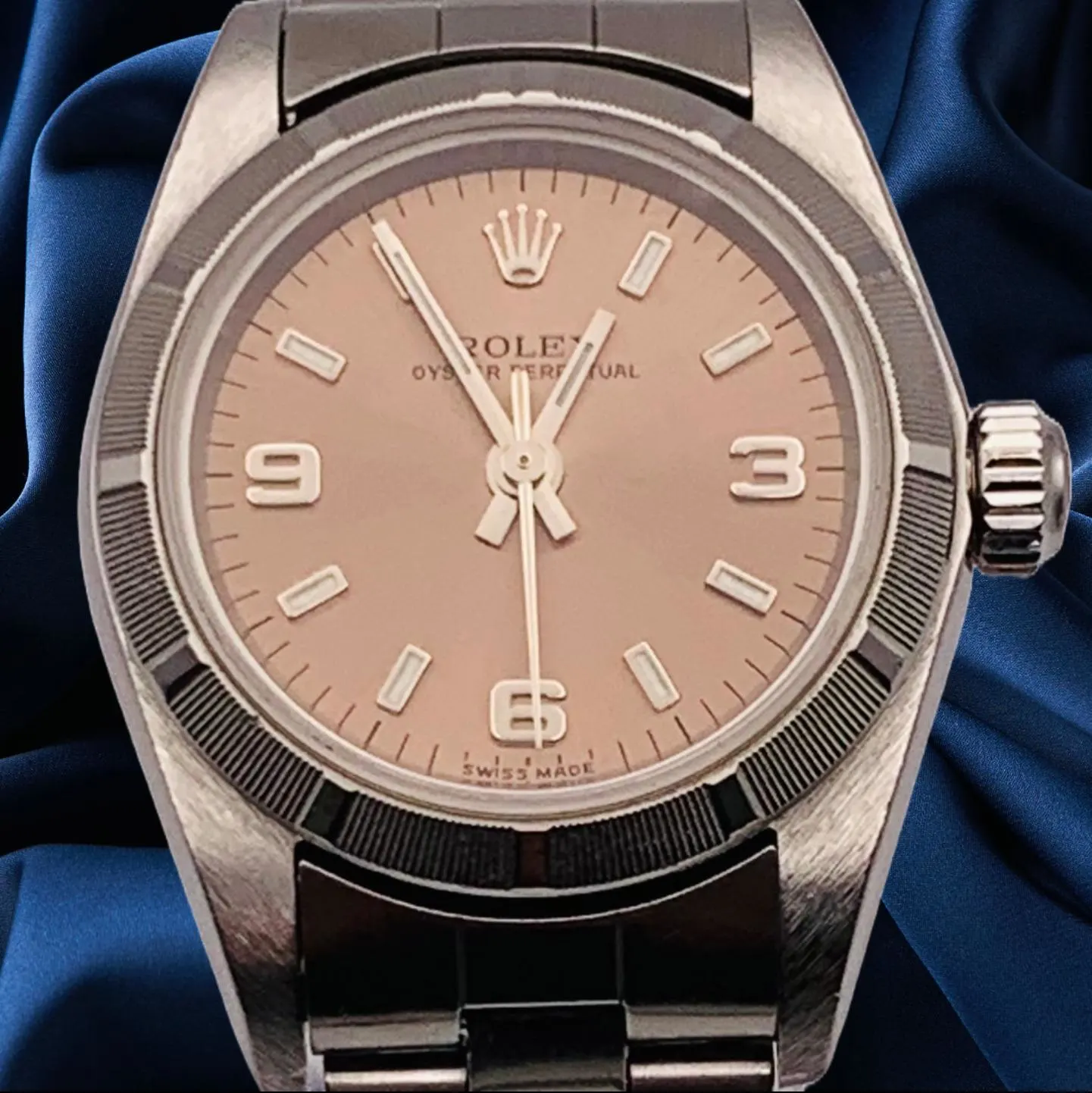 1999 Rolex Oyster Perpetual 26 Steel / Engine-Turned / Salmon / Arabic / Oyster 76030