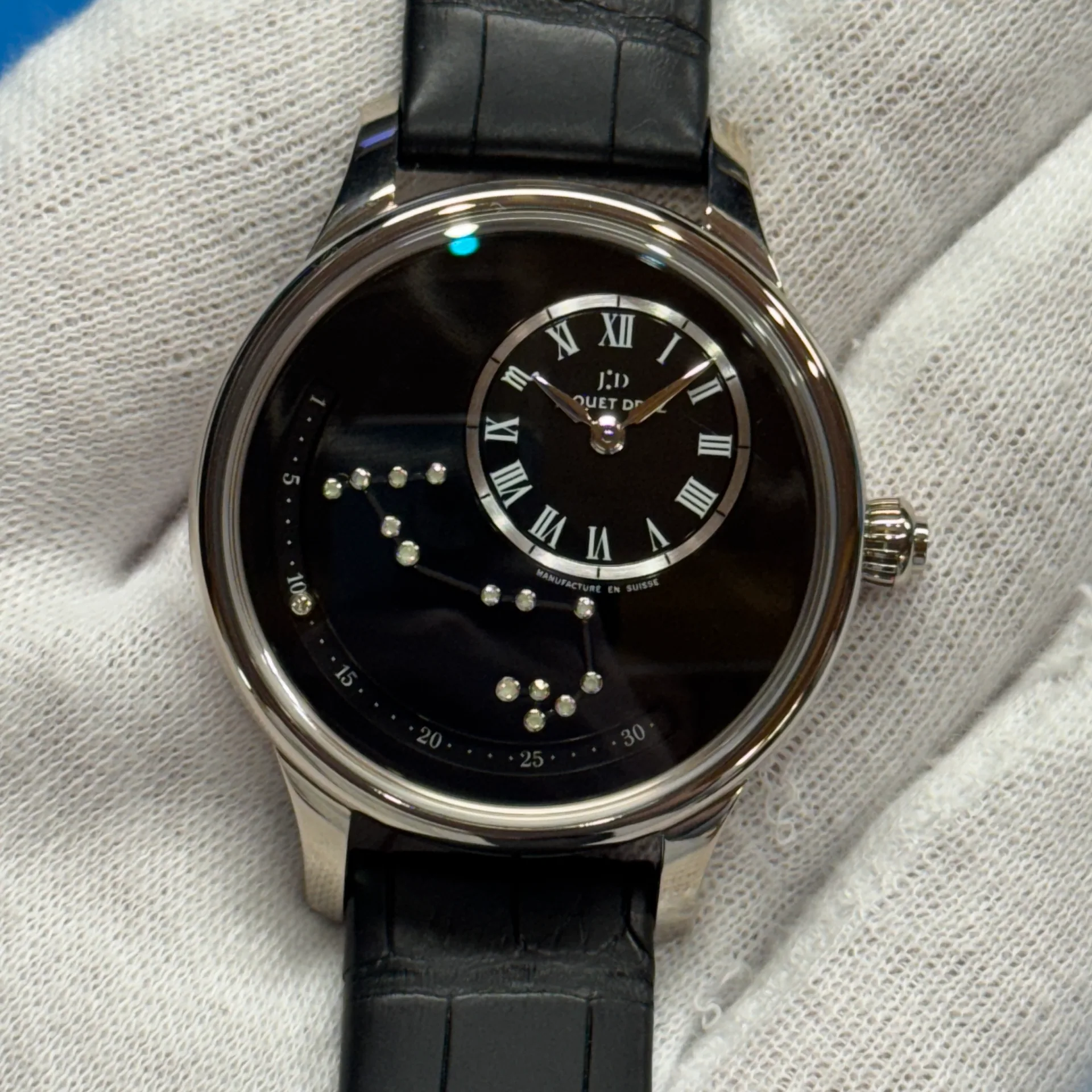 2023 Jaquet Droz Date Astrale Zodiac Scorpio 39 White Gold / Black / Roman / Strap J021014213