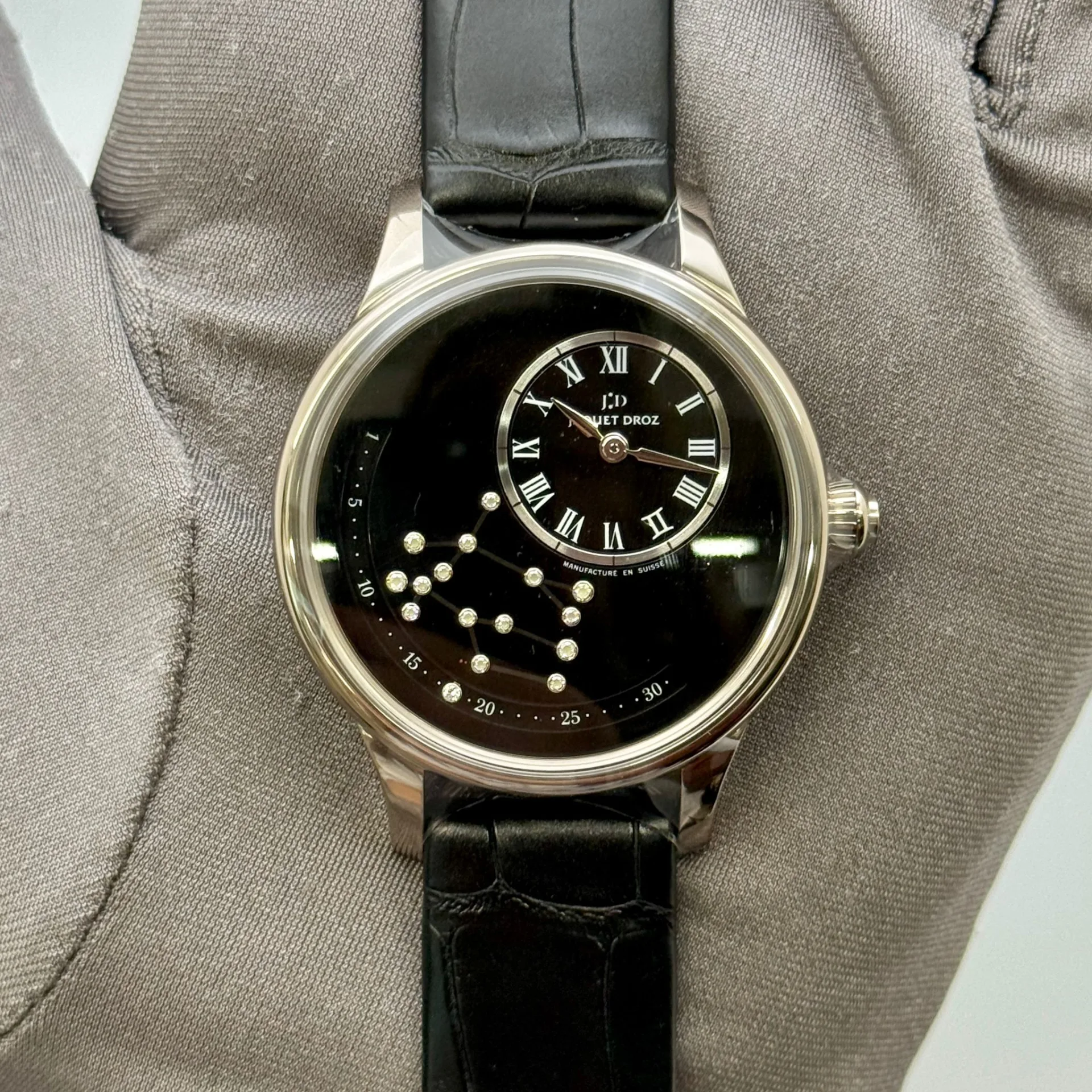 2023 Jaquet Droz Date Astrale Zodiac Gemini 39 White Gold / Black / Roman / Strap J021014220