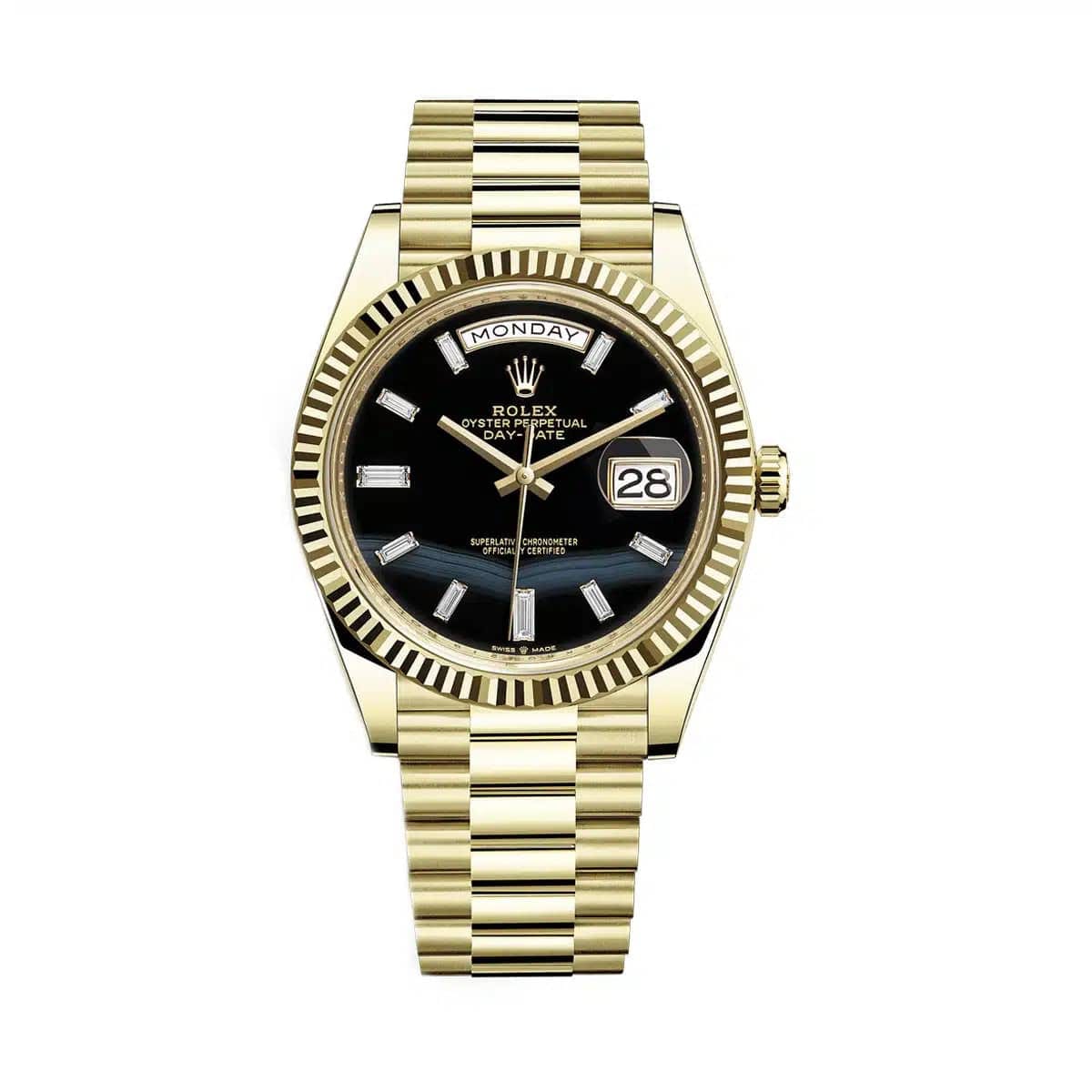 Rolex Day-Date 40 Yellow Gold / Fluted / Onyx / Baguette Diamond-Set 228238-0059 Rolex Day-Date 40 Yellow Gold / Fluted / Onyx / Baguette Diamond-Set 228238-0059