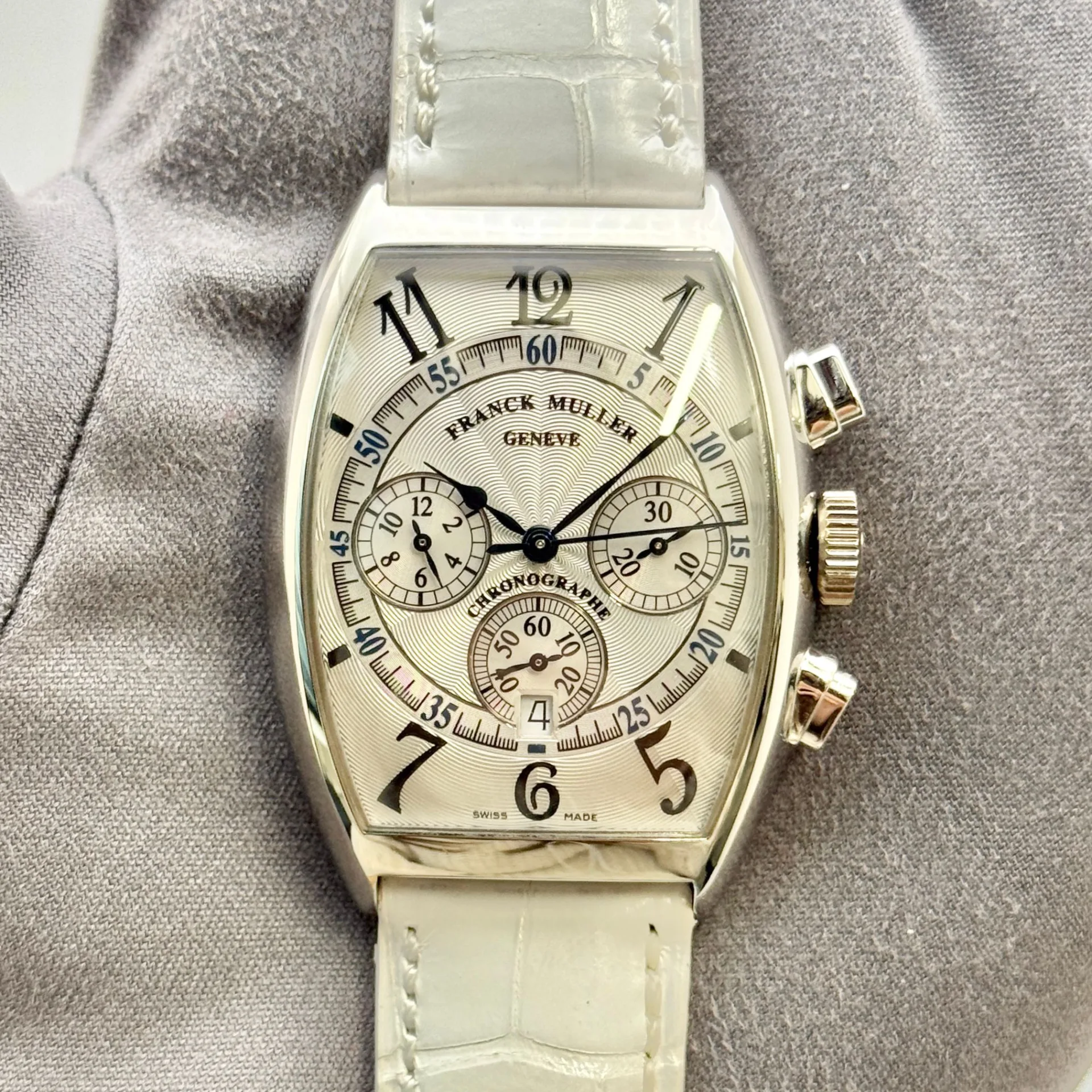 Franck Muller Cintrée Curvex Chronograph Steel / Silvered / Arabic / Strap 6850 CC AT