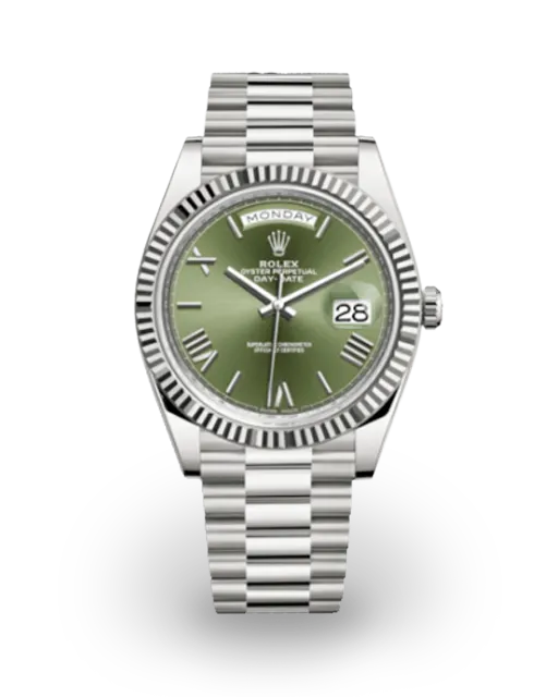 Rolex Day-Date 40 White Gold / Fluted / Olive-Green / Roman 228239-0033  Model Image