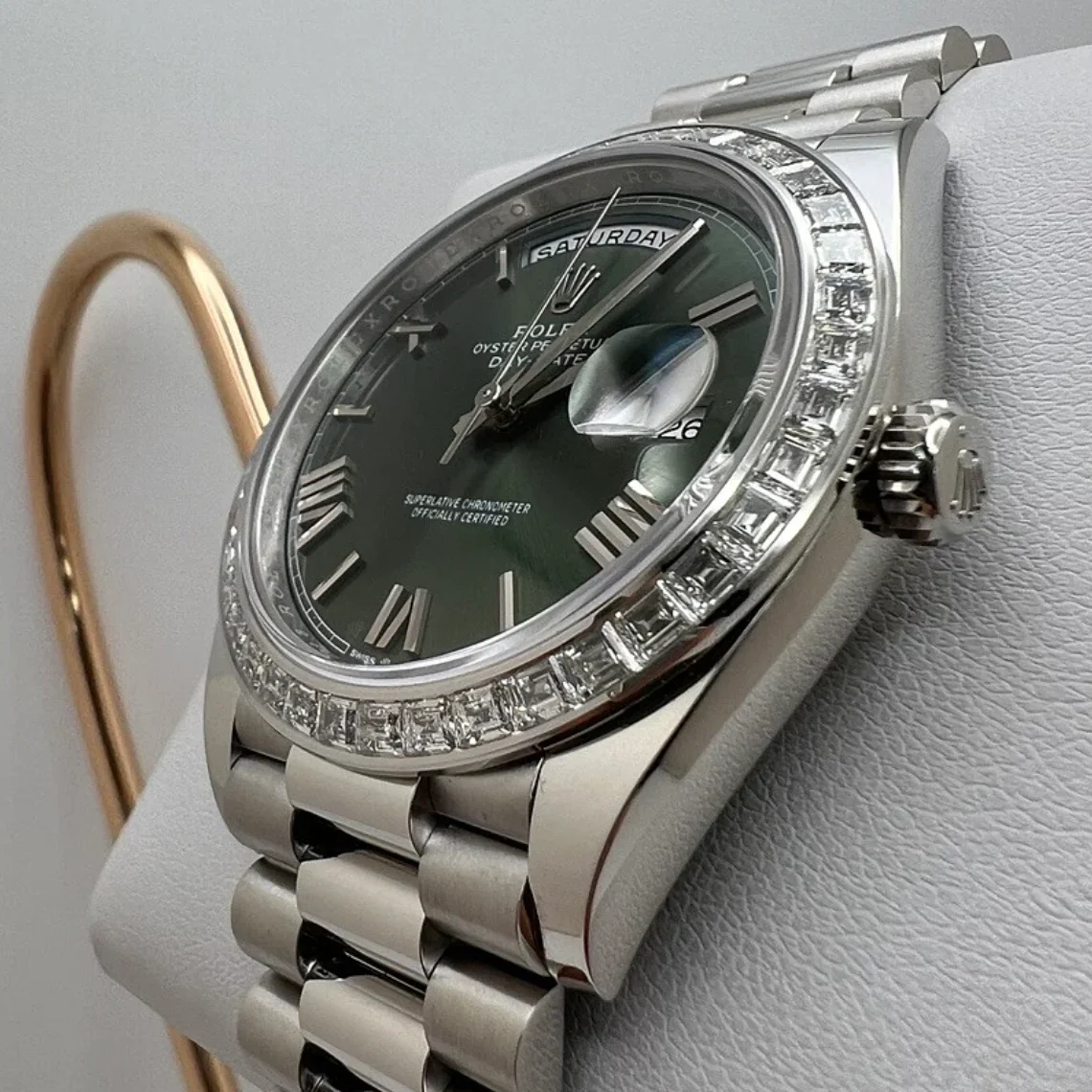 2022 Rolex Day-Date 40 Platinum / Baguette Diamond-Set / Green / Roman 228396TBR-0020 Listing Image 2