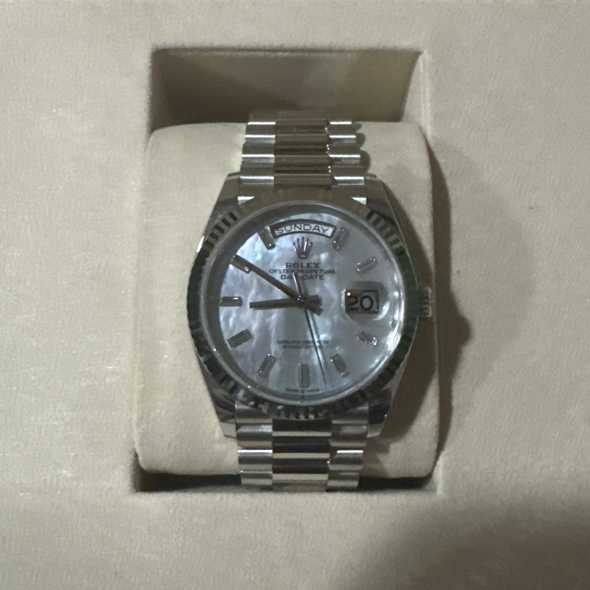 2025 Rolex Day-Date 36 Platinum - Fluted / MOP - Baguette / President 128236-0021