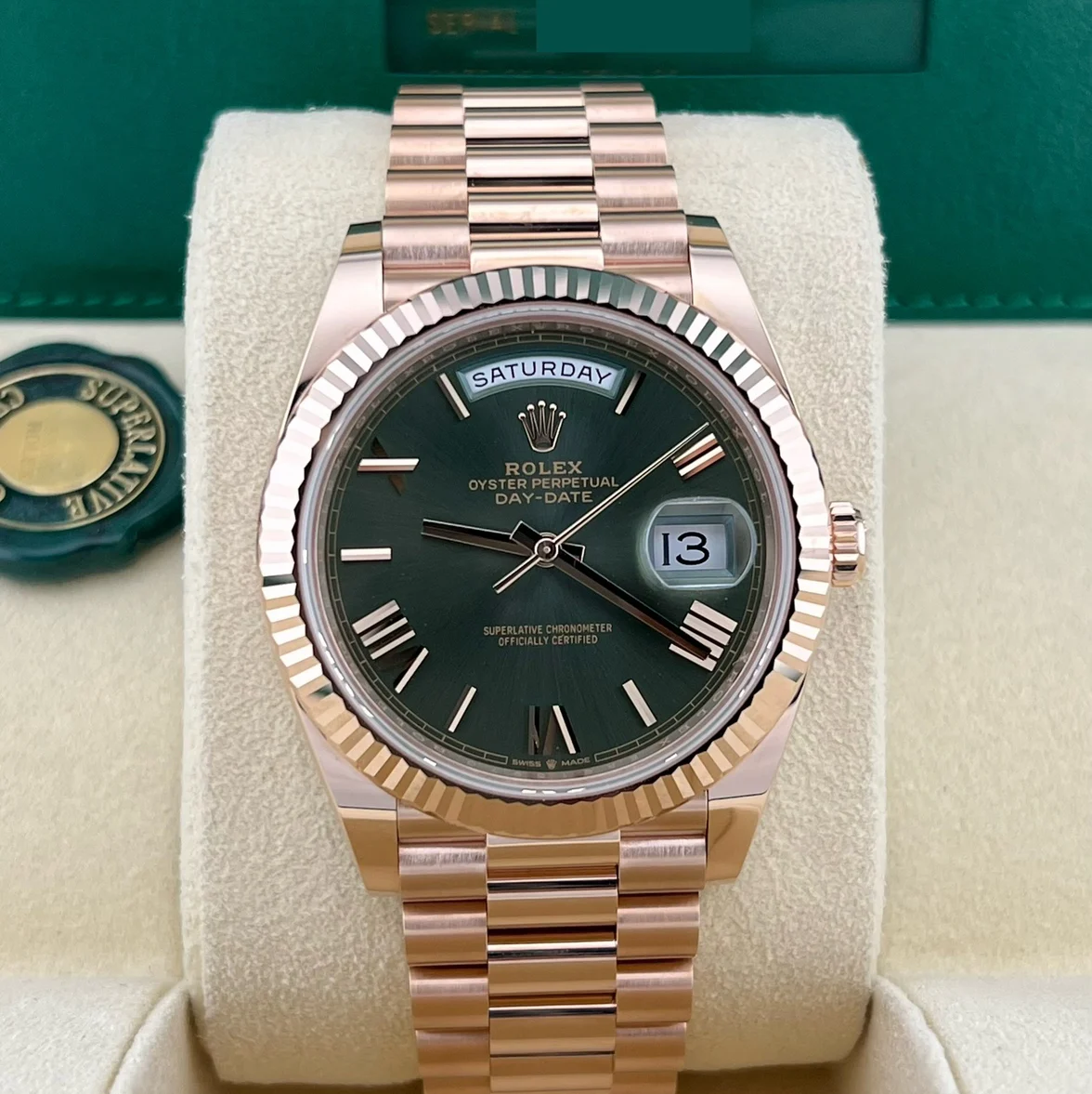 2025 Rolex Day-Date 40 Rose Gold / Fluted / Olive-Green / Roman / President 228235-0025 Listing Image