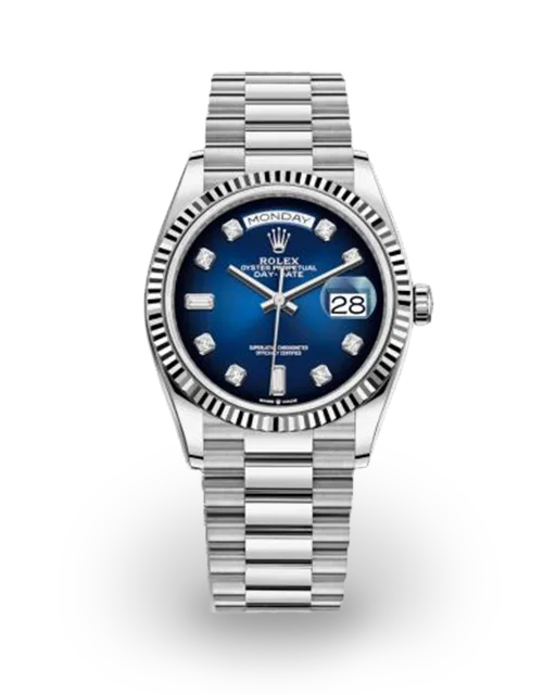 Rolex Day-Date 36 White Gold / Fluted / Blue Ombre / Baguette Diamond-Set 128239-0023  Model Image