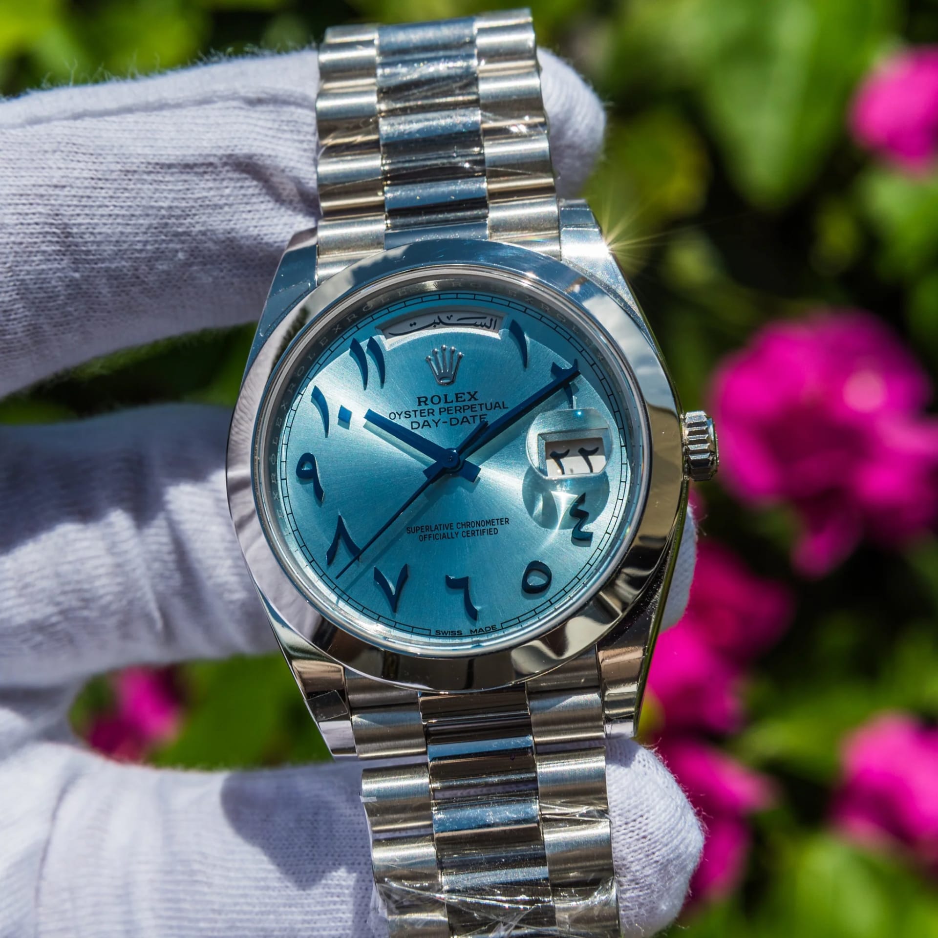 Rolex Day-Date 40 Platinum Smooth Ice Blue Arabic Script