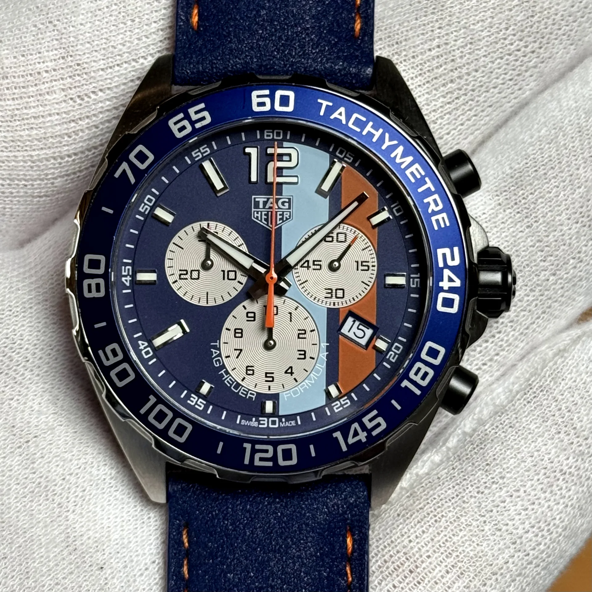 Tag Heuer  Formula 1 Chronograph Quartz Gulf Special Edition 43 Steel / Blue / Arabic / Strap CAZ101N.FC8243