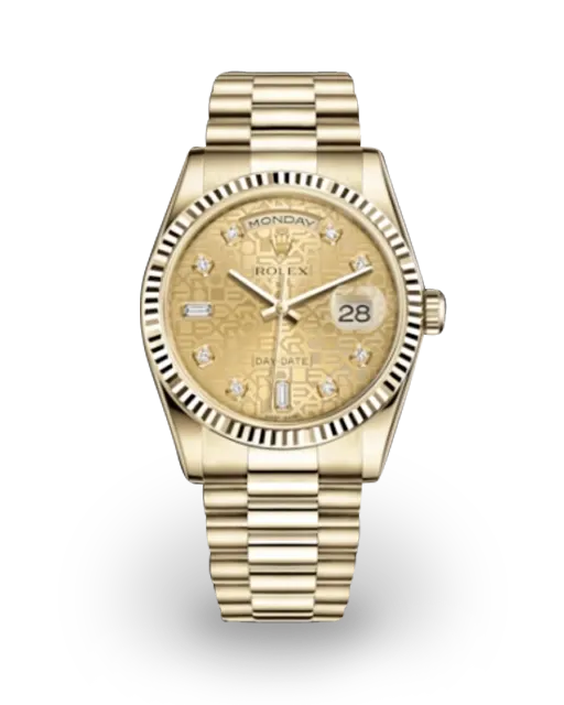 Rolex Day-Date 36 Yellow Gold / Fluted / Champagne Jubilee-Motif / Baguette Diamond-Set / President 118238-0120  Model Image