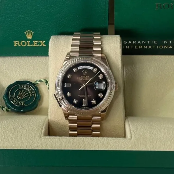 2021 Rolex Day-Date 36 Rose Gold / Fluted / Brown Ombre / Baguette Diamond-Set 128235-0037 Listing Image 1