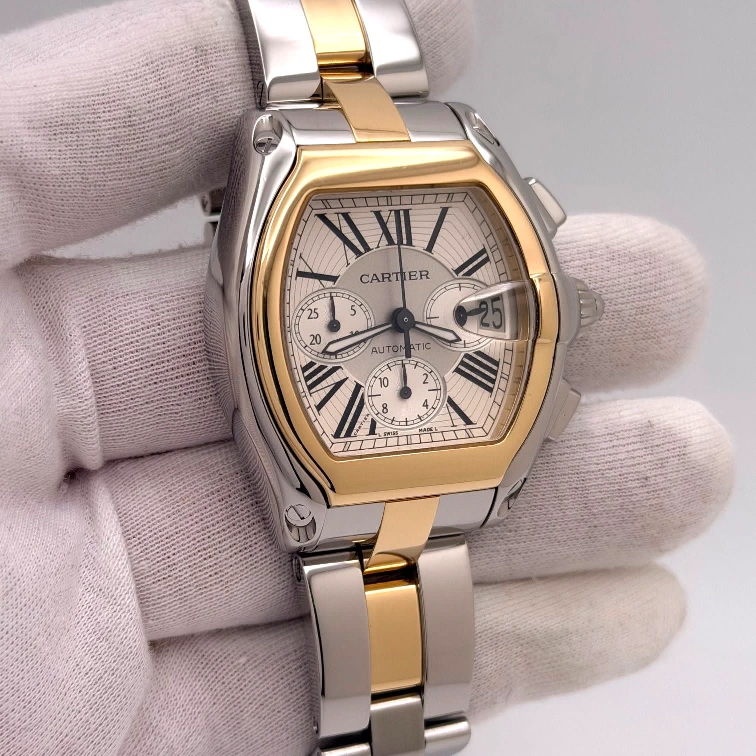 Cartier Roadster 42 Two Tone / Silvered / Roman / Bracelet
