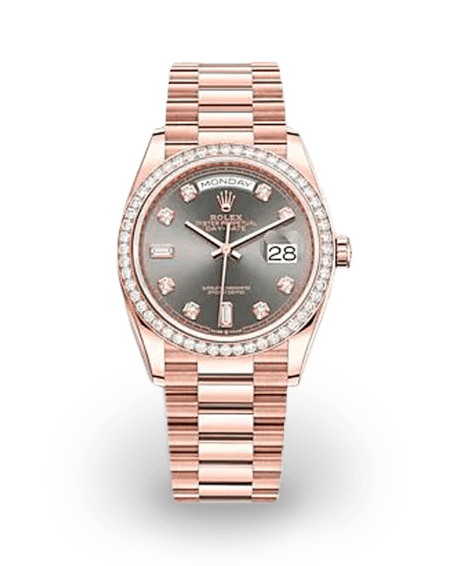 Rolex Day-Date 36 Rose Gold / Diamond-Set / Slate / Baguette
