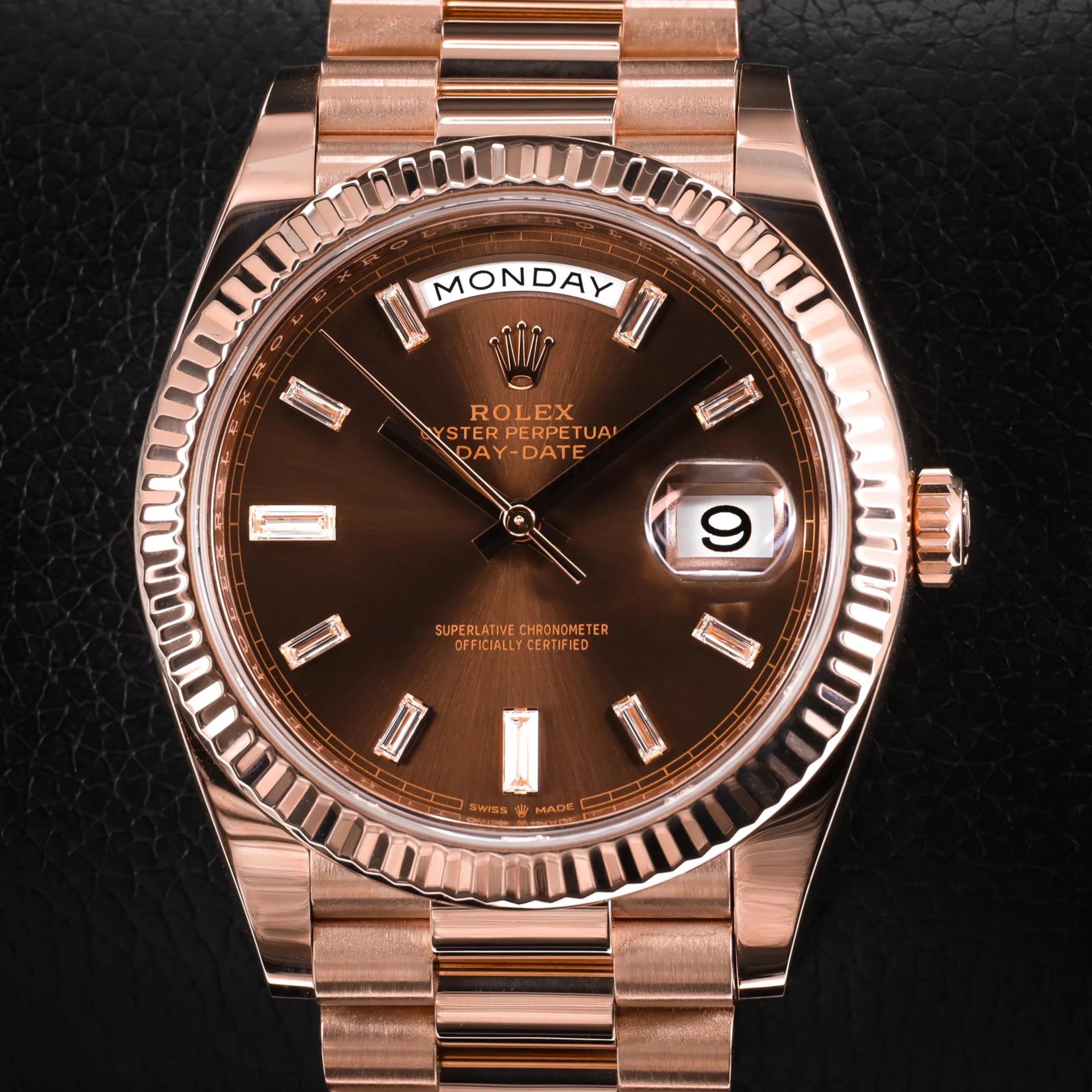 2021 Rolex Day-Date 40 Rose Gold Fluted Chocolate Baguette-Diamond  Set 228235-0003