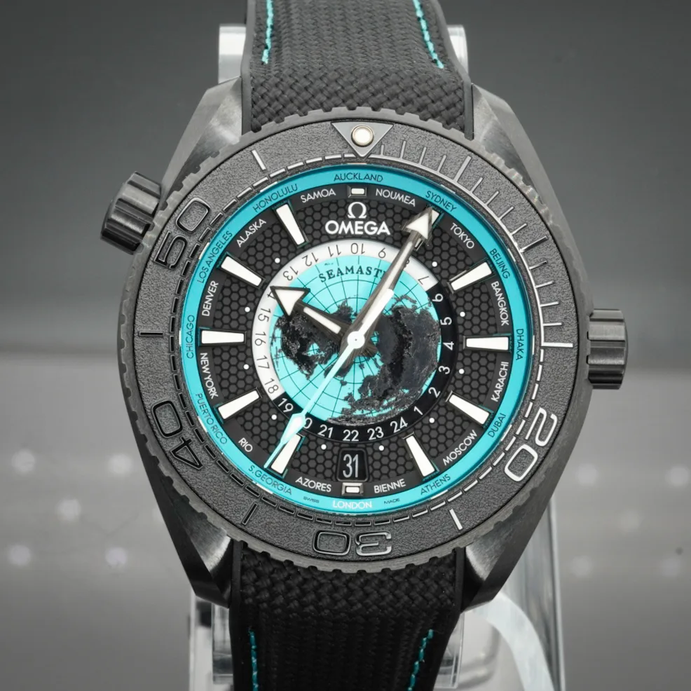2025 Omega Seamaster Planet Ocean 600M Co-Axial Worldtimer Master Chronometer GMT 45.5 Ceramic / Black/Turquoise / Rubber 215.92.46.22.01.006