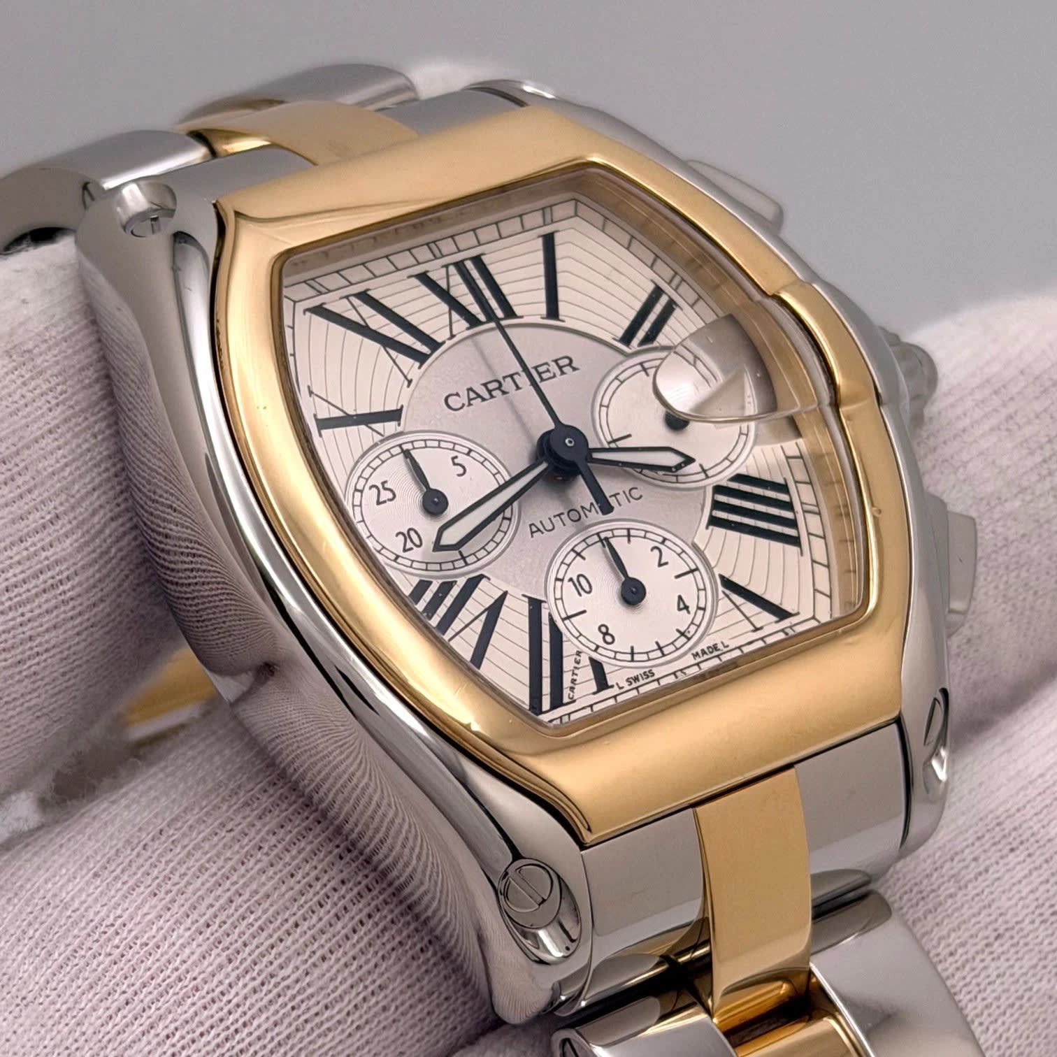 Cartier Roadster 42 Two Tone / Silvered / Roman / Bracelet
