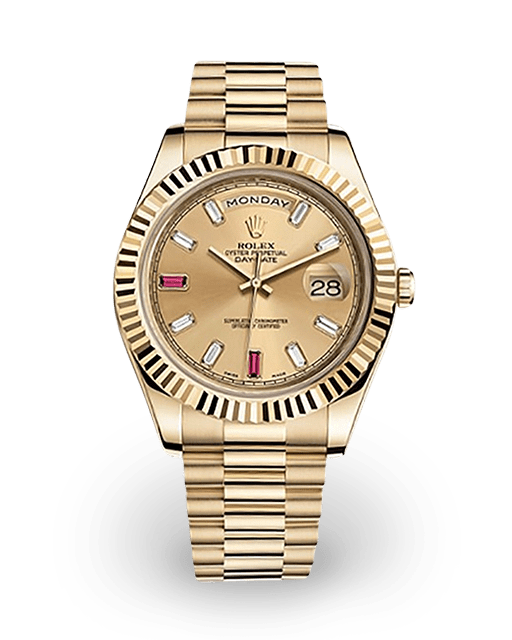 Rolex DayDate II Yellow Gold / Fluted / Champagne / Baguette Diamond and RubySet / President