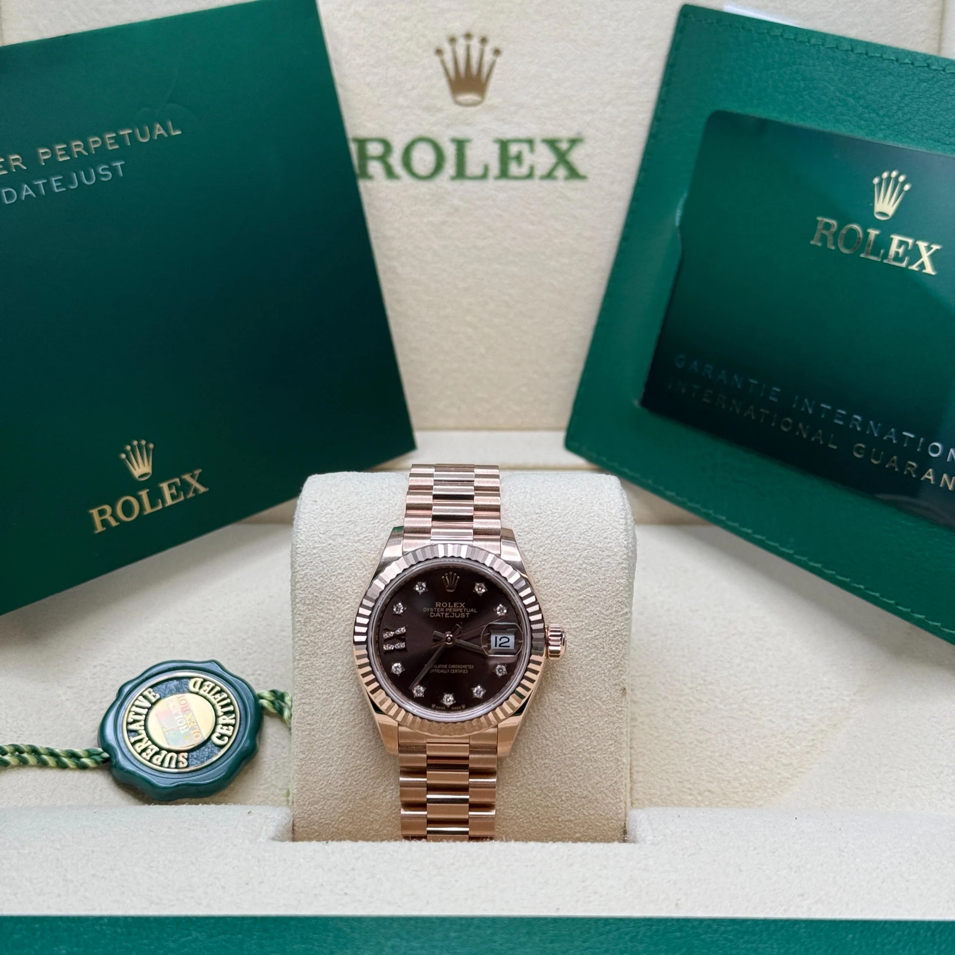 2025 Rolex Lady-Datejust 28 Rose Gold / Fluted  / Chocolate / Diamond-Set / President 279175-0002 Listing Image