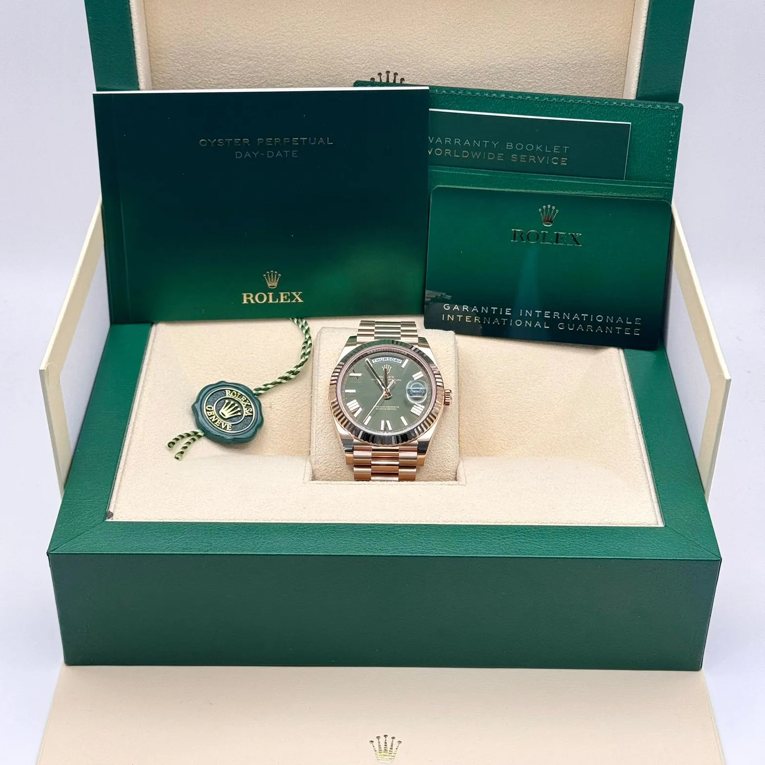 2023 Rolex Day-Date 40 Rose Gold / Fluted / Olive-Green / Roman / President 228235-0025 Listing Image 6