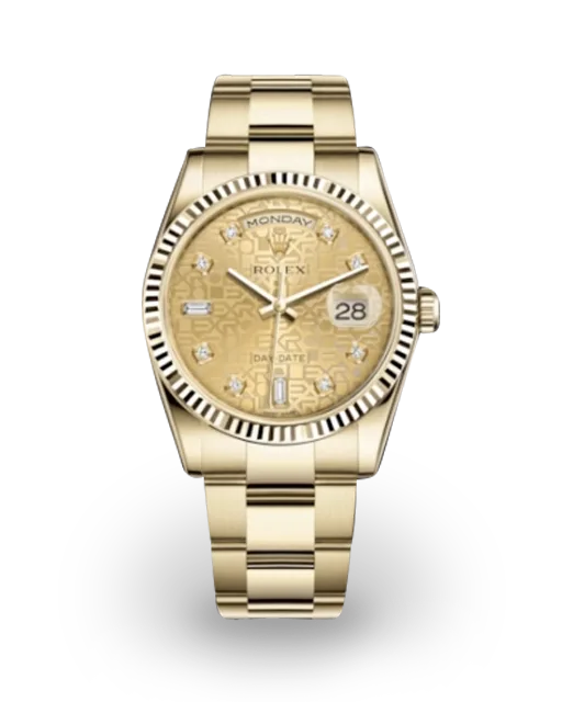 Rolex Day-Date 36 Yellow Gold / Fluted / Champagne Jubilee-Motif / Baguette Diamond-Set / Oyster 118238-0200  Model Image