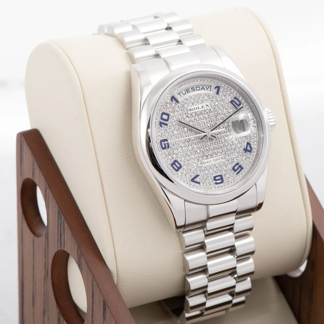 2015 Rolex Day-Date 36 Platinum / Smooth / Diamond-Paved / Arabic 118206-0085