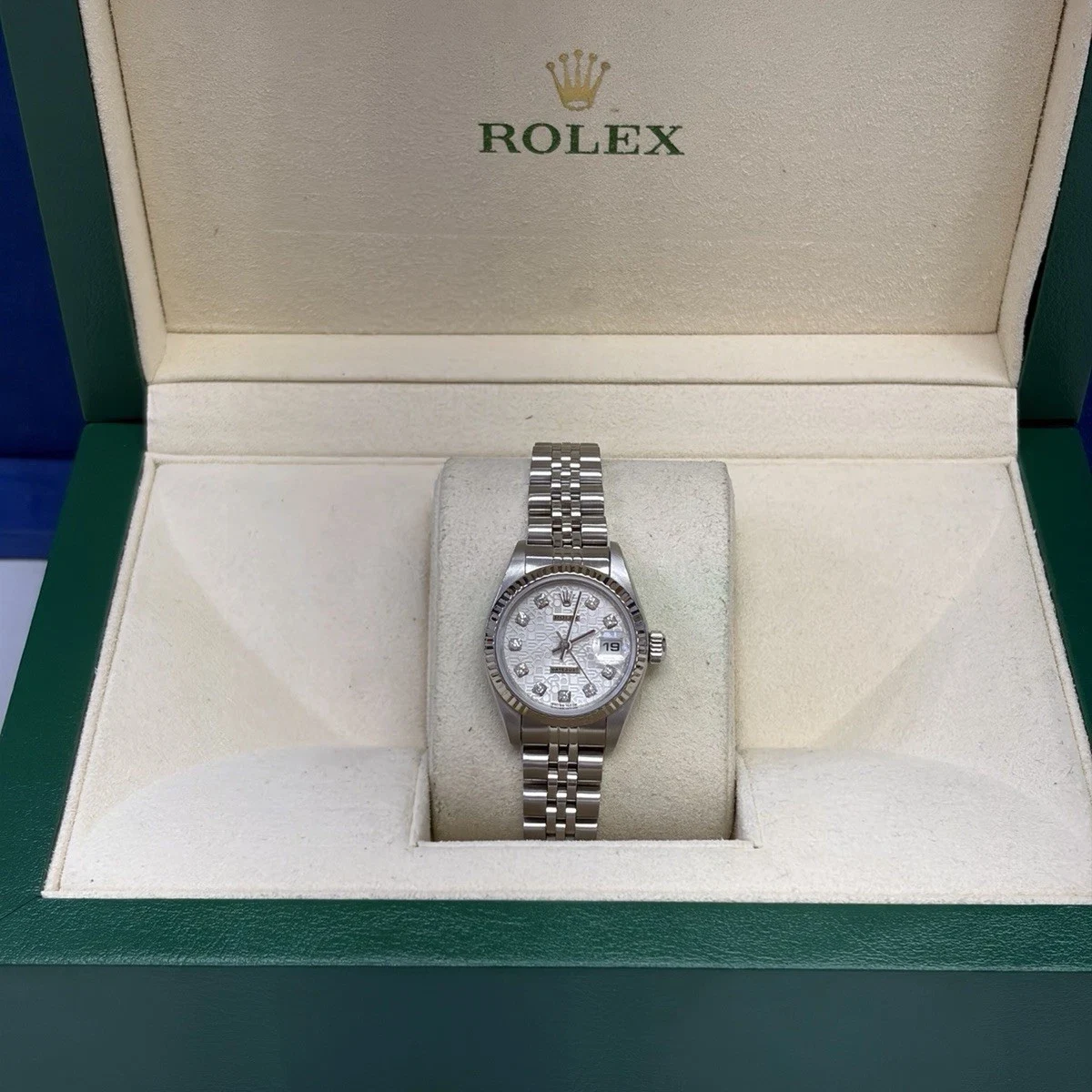 2002 Rolex Lady-Datejust 26 Steel / Fluted / Silvered Jubilee-Motif / Diamond-Set / Jubilee 79174