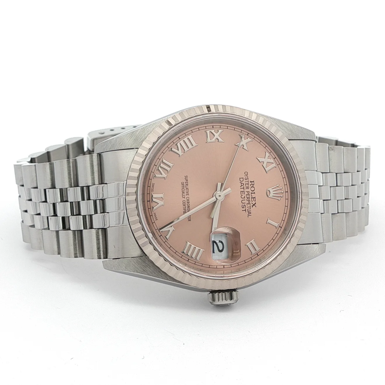 ラム Auction: 1998 Rolex Datejust 36 Steel / Fluted / Salmon / Roman